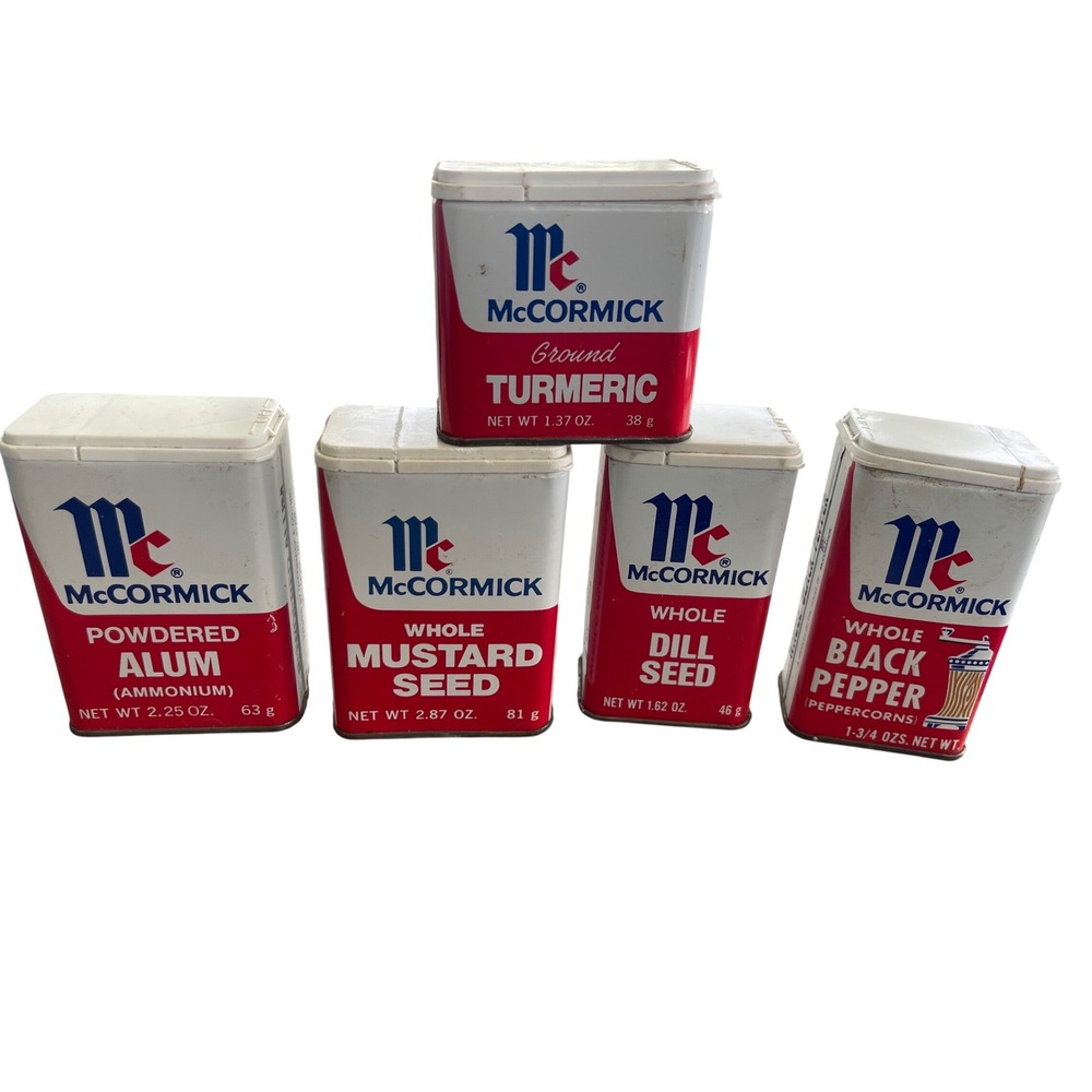 VTG McCormick Spice Tins Lot of 5 1970s Metal Containers Turmeric Alum Pepper